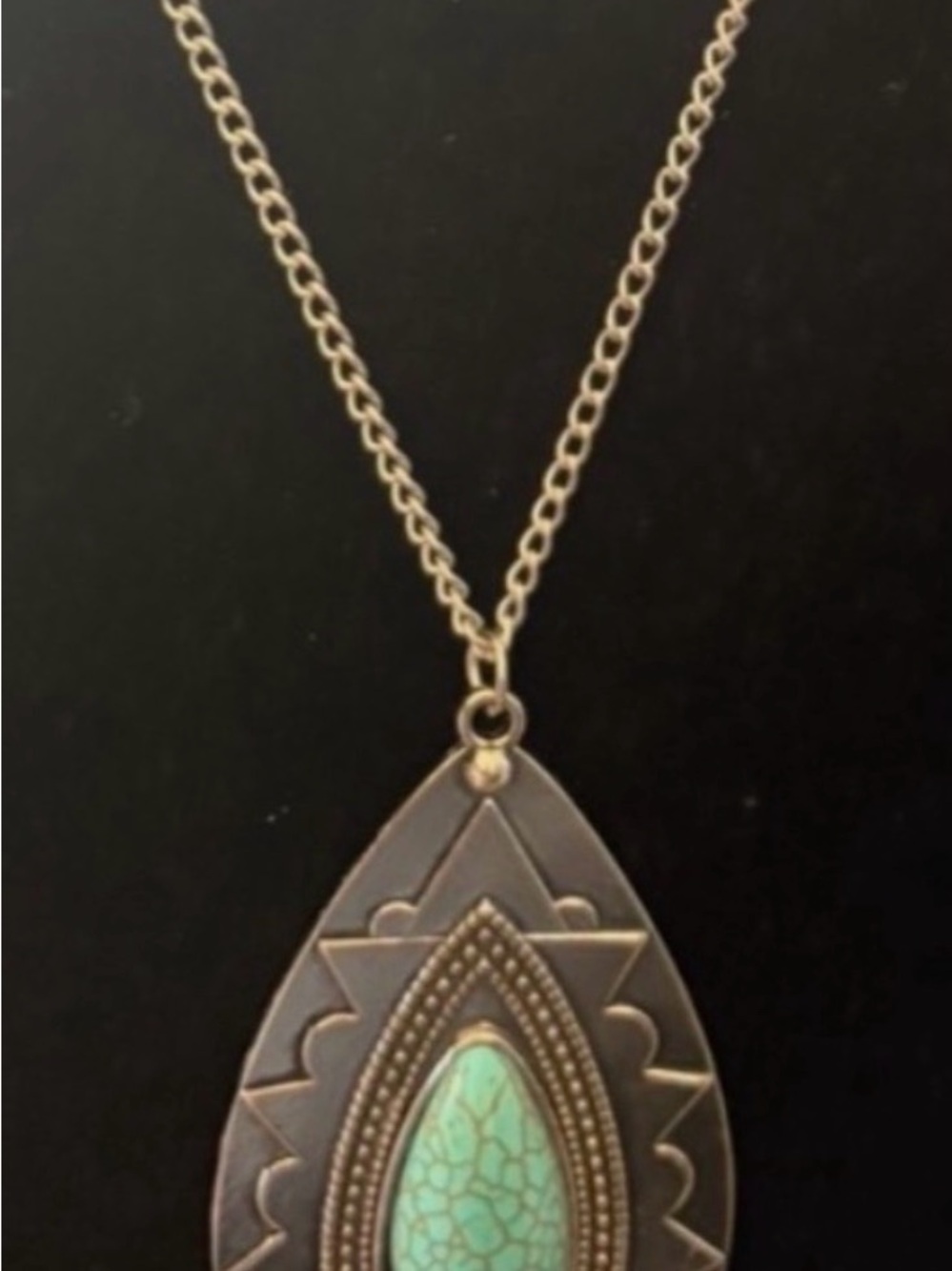Teardrop Turquoise Pendant Necklace with Antiqued Metal